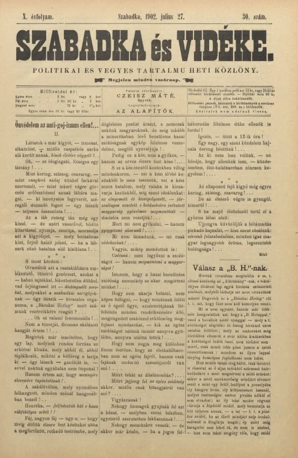 Szabadka és vidéke II, 10. évf. 1902. július 27. 30. sz.