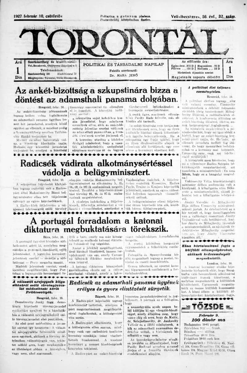 Torontál, 56. évf. 1927. február 10. 32. sz.