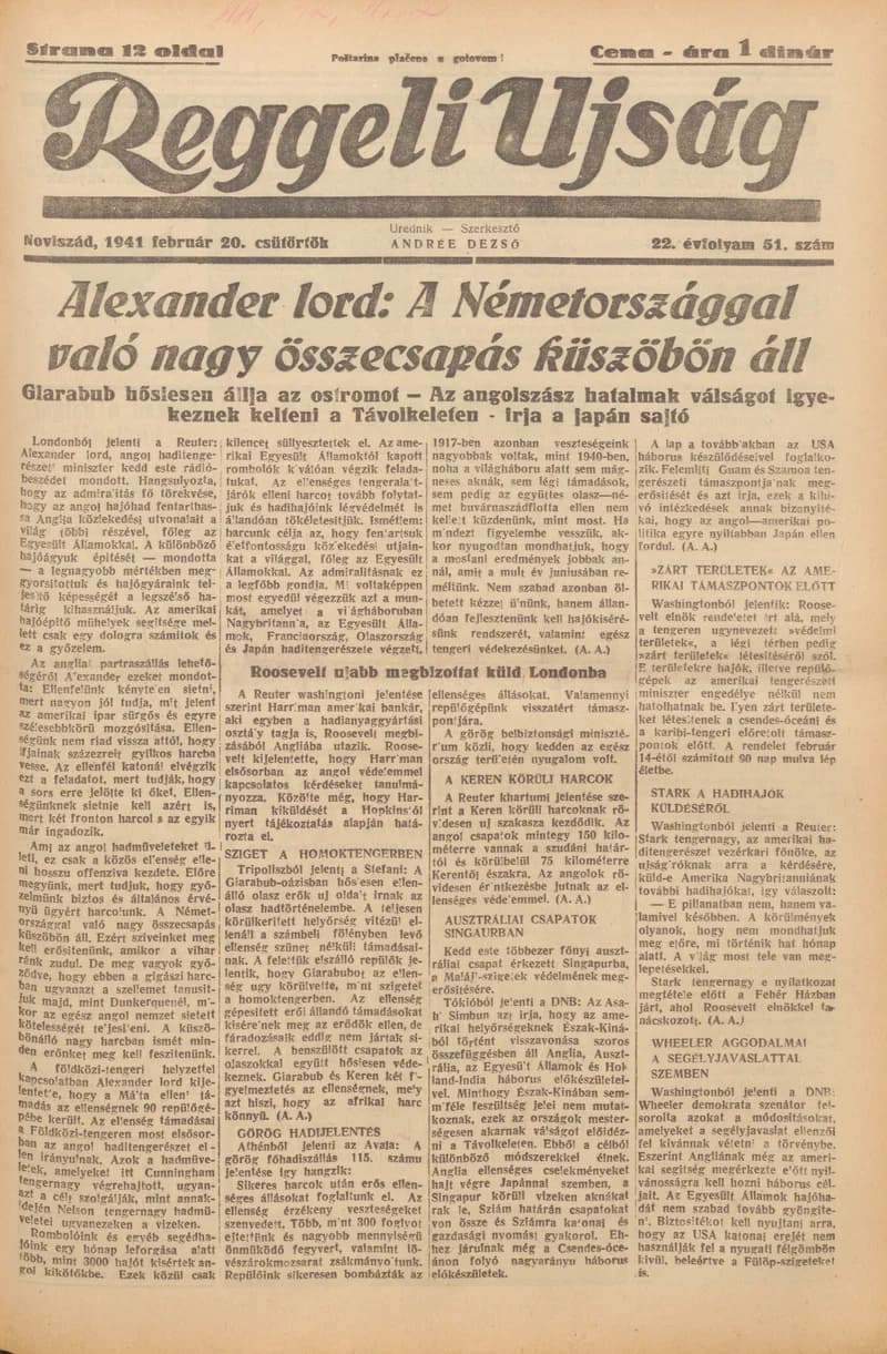 Reggeli Újság, 22. évf. 1941. február 20. 51. sz.
