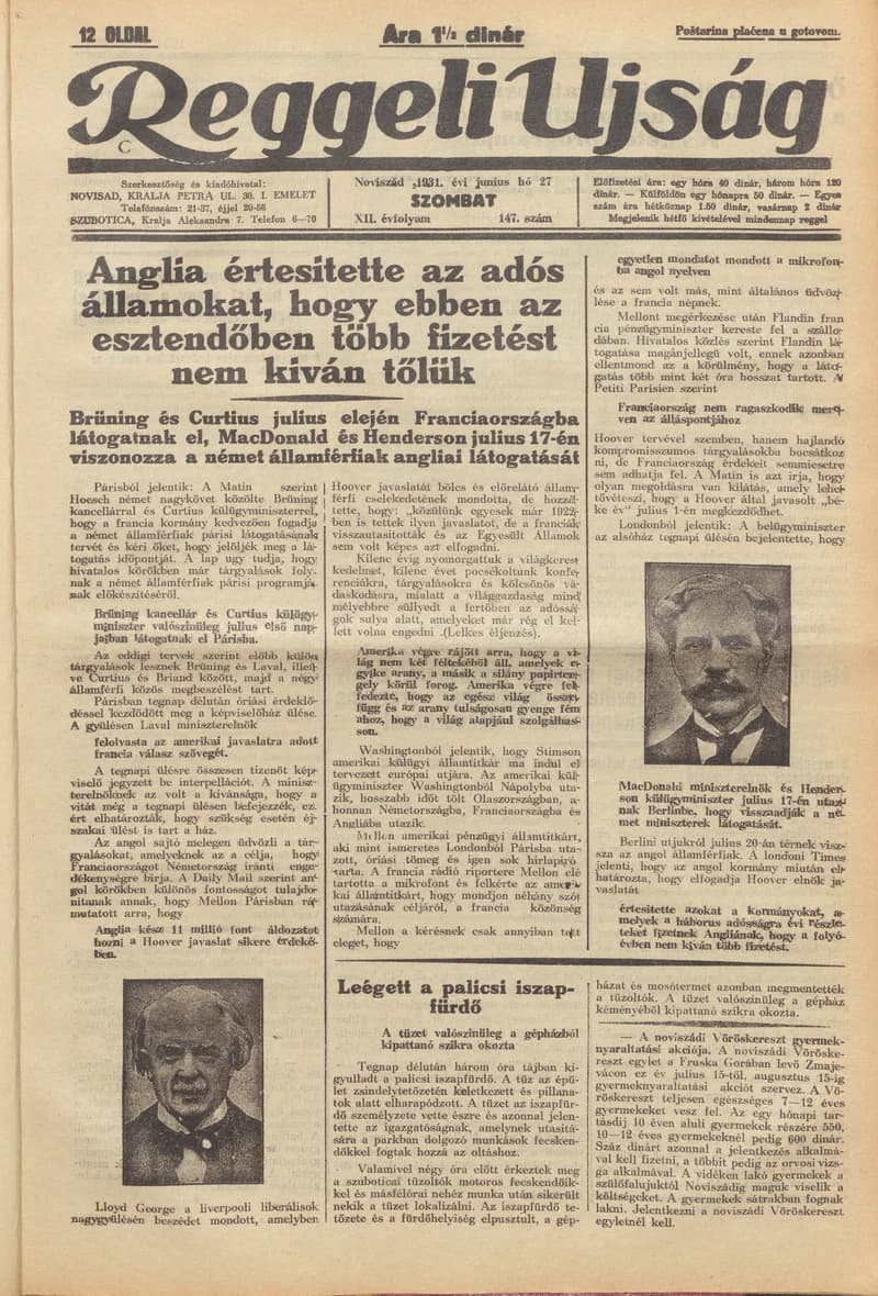 Reggeli Újság, 12. évf. 1931. június 27. 147. sz.