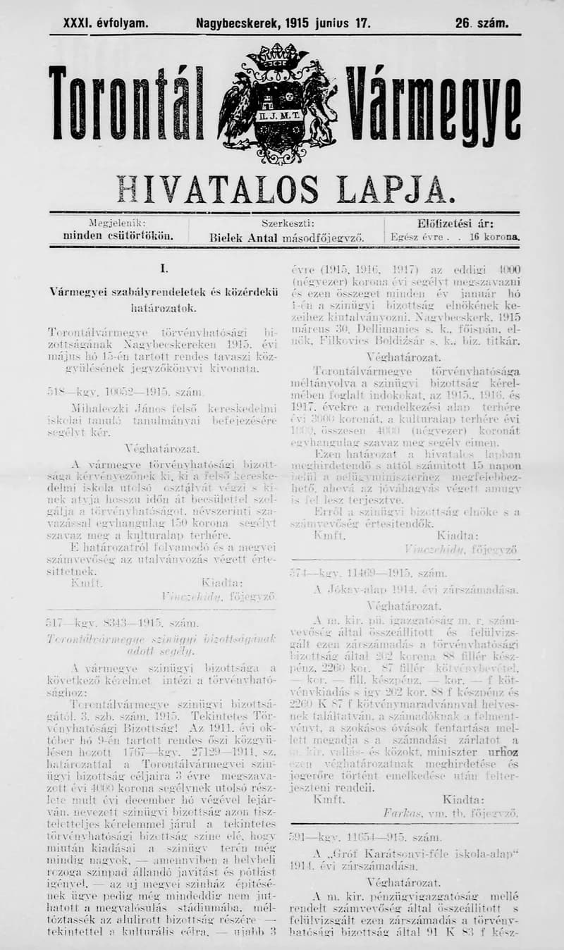 Torontál Vármegye Hivatalos Lapja, 31. évf. 1915. június 17. 26. sz.