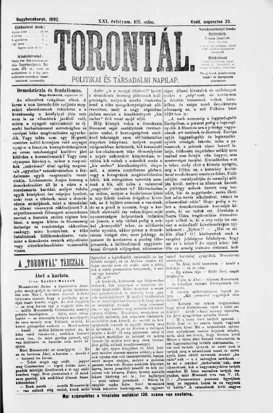 Torontál, 21. évf. 1892. augusztus 23. 172. sz.