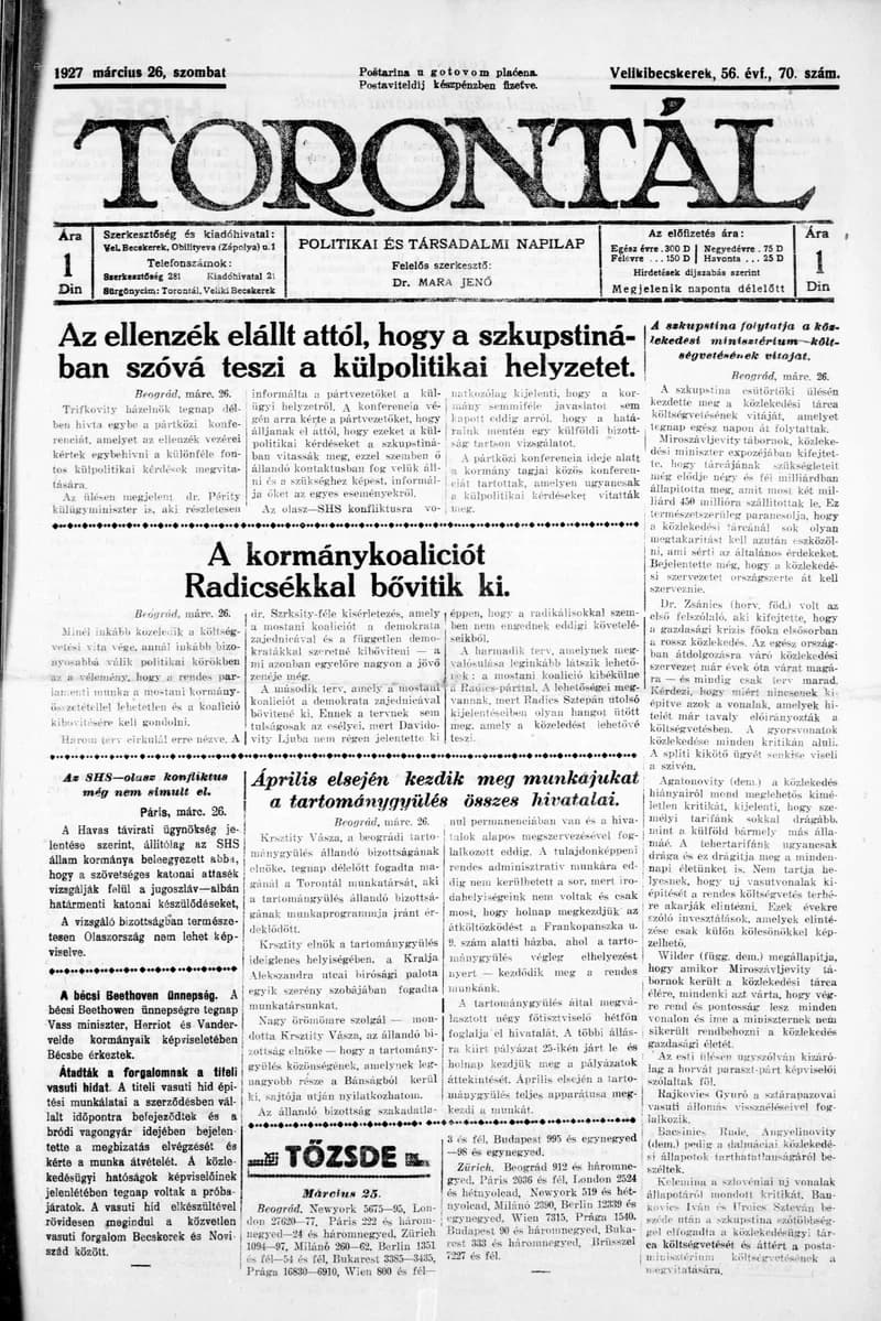 Torontál, 56. évf. 1927. március 26. 70. sz.