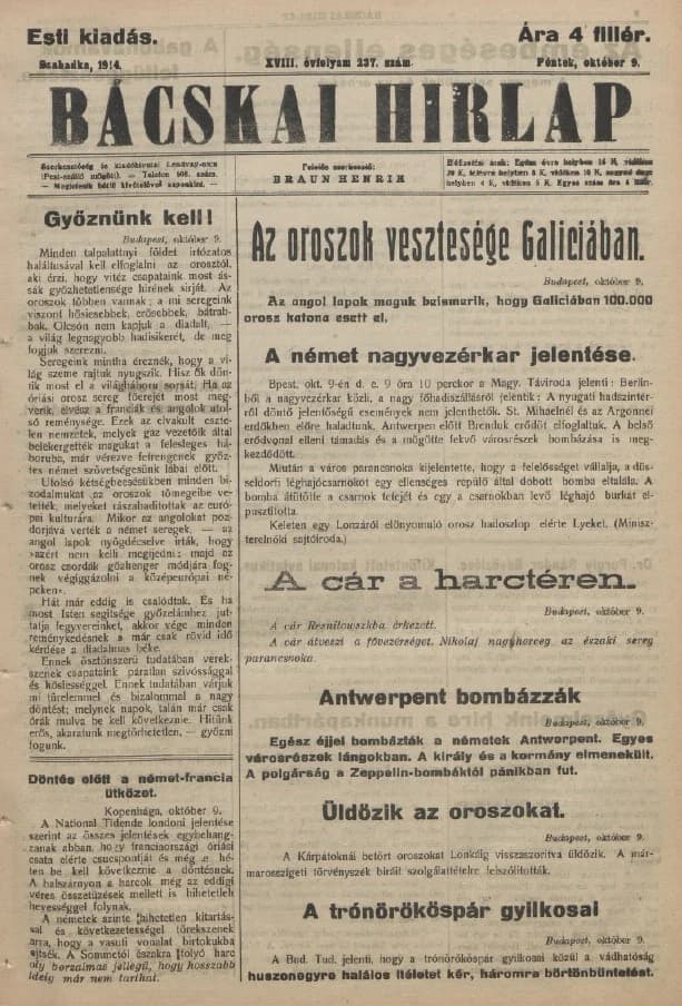 Bácskai Hirlap, 18. évf. 1914. október 9. 237. sz.
