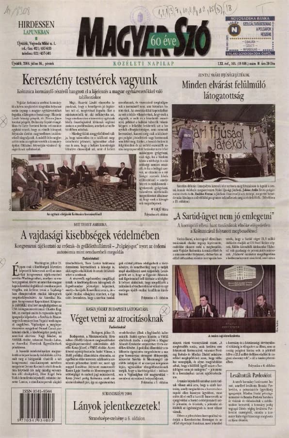 Magyar Szó, 61. évf. 2004. július 16. 165. sz. 1–20. oldal