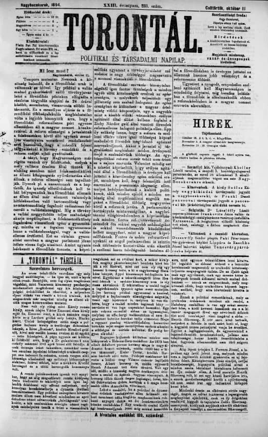 Torontál, 23. évf. 1894. október 11. 233. sz.