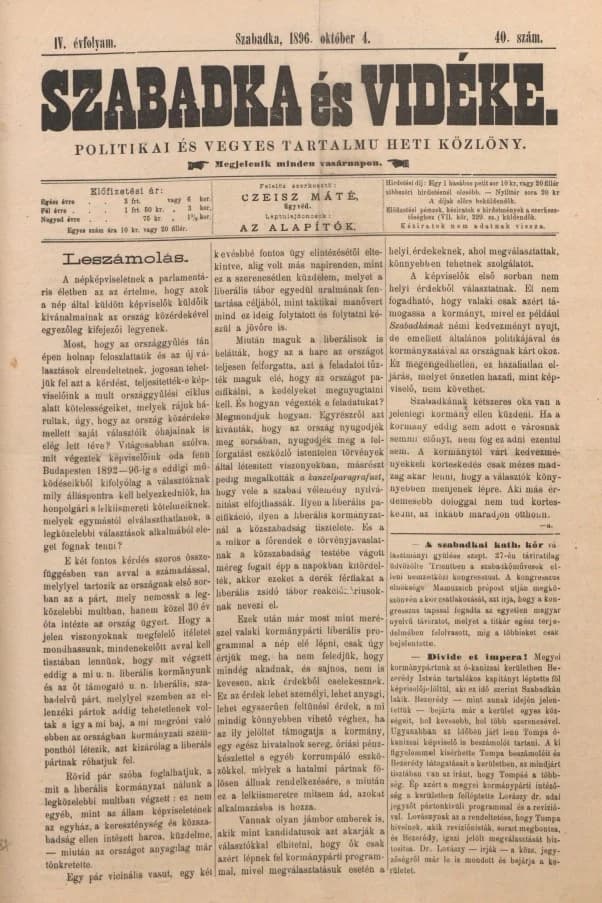 Szabadka és vidéke II, 4. évf. 1896. október 4. 40. sz.