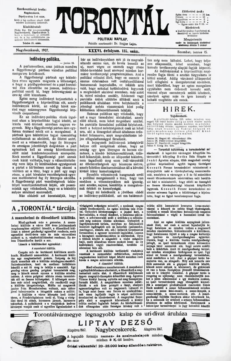 Torontál, 36. évf. 1907. június 15. 135. sz.
