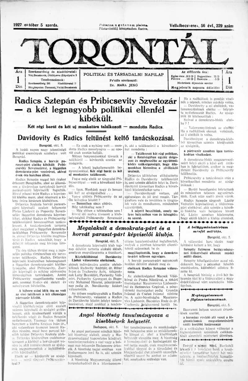 Torontál, 56. évf. 1927. október 5. 229. sz.