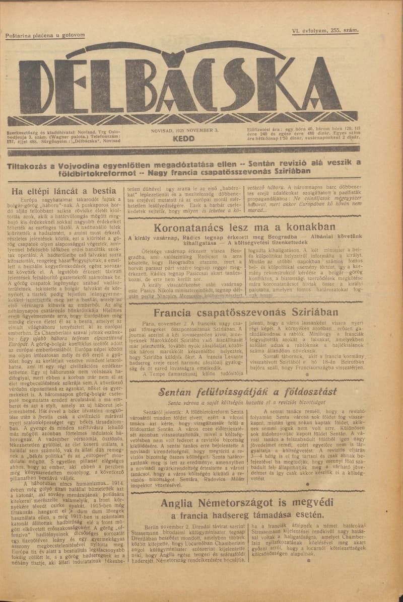 Délbácska, 6. évf. 1925. november 3. 255. sz.