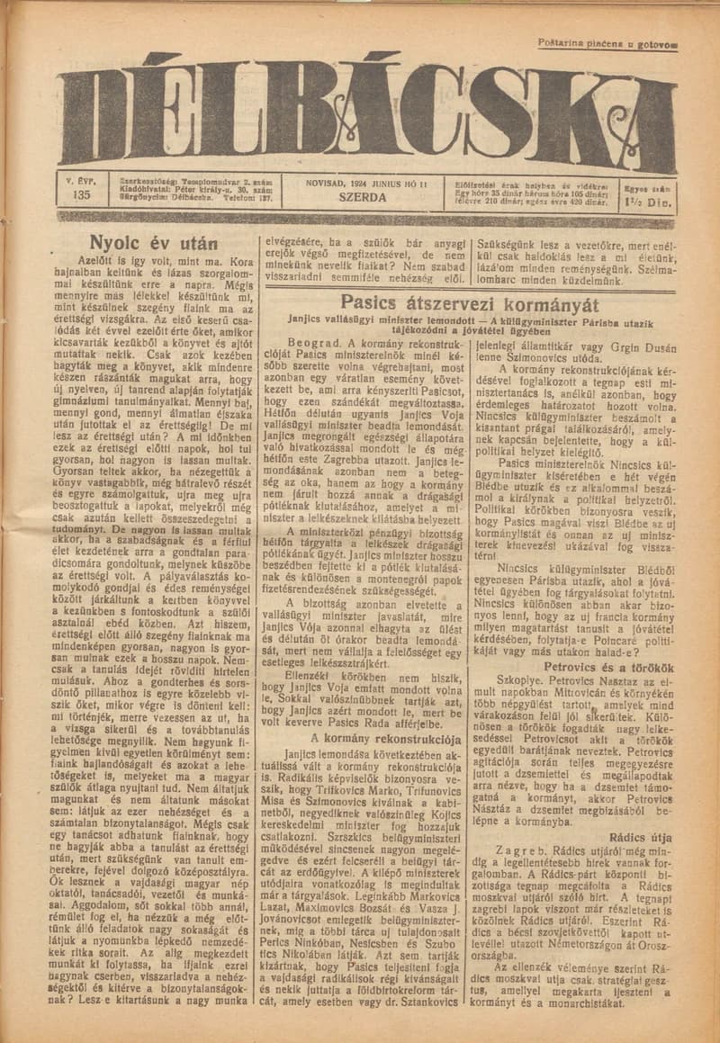 Délbácska, 5. évf. 1924. június 11. 135. sz.