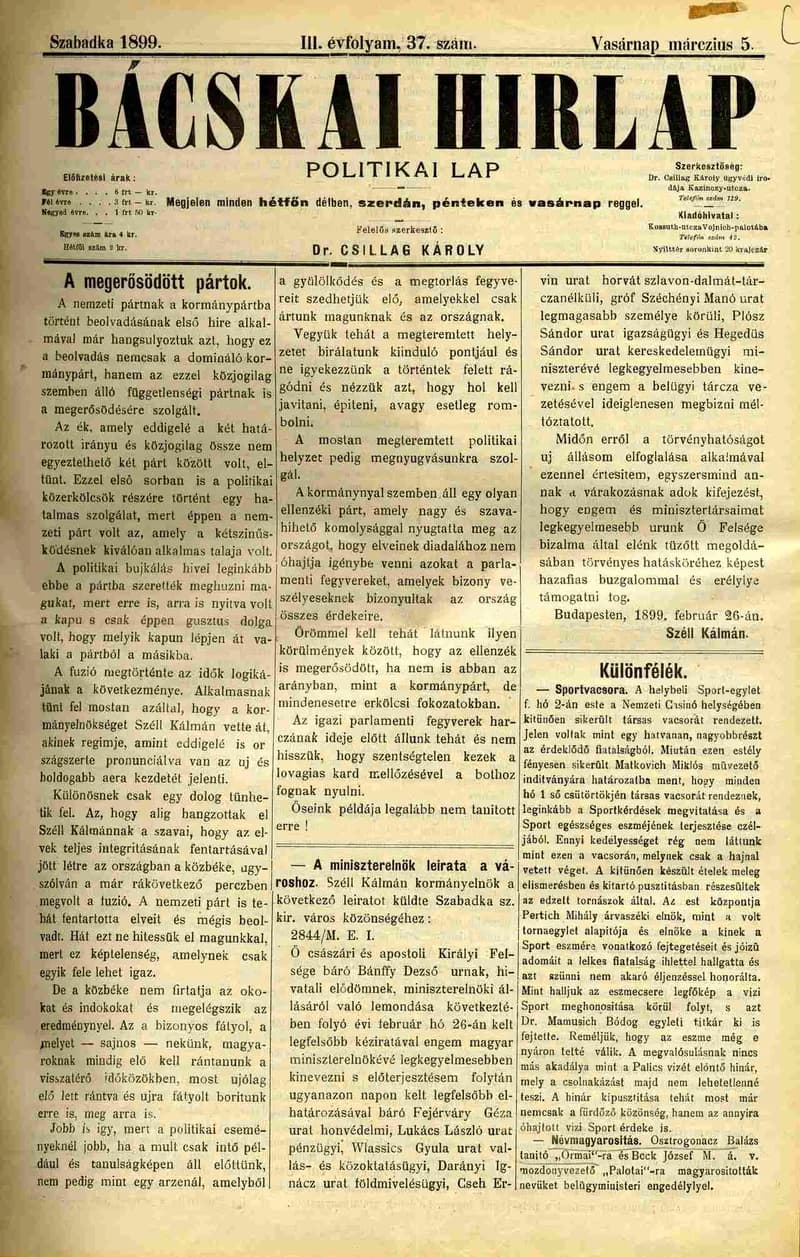 Bácskai Hirlap, 3. évf. 1899. március 5. 37. sz.