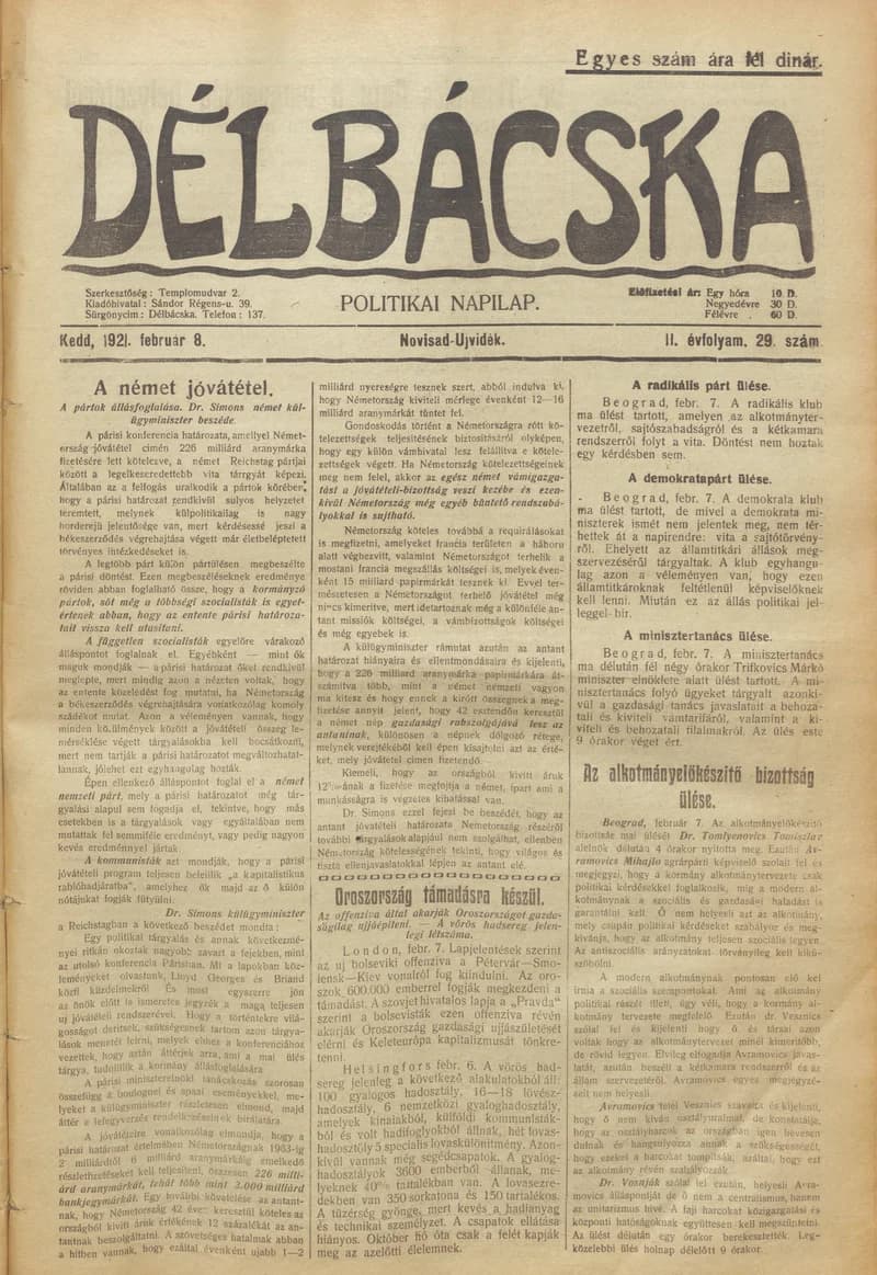 Délbácska, 2. évf. 1921. február 8. 29. sz.