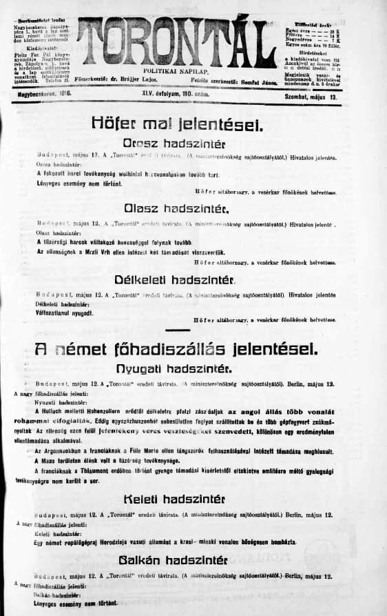Torontál, 45. évf. 1916. május 13. 110. sz.