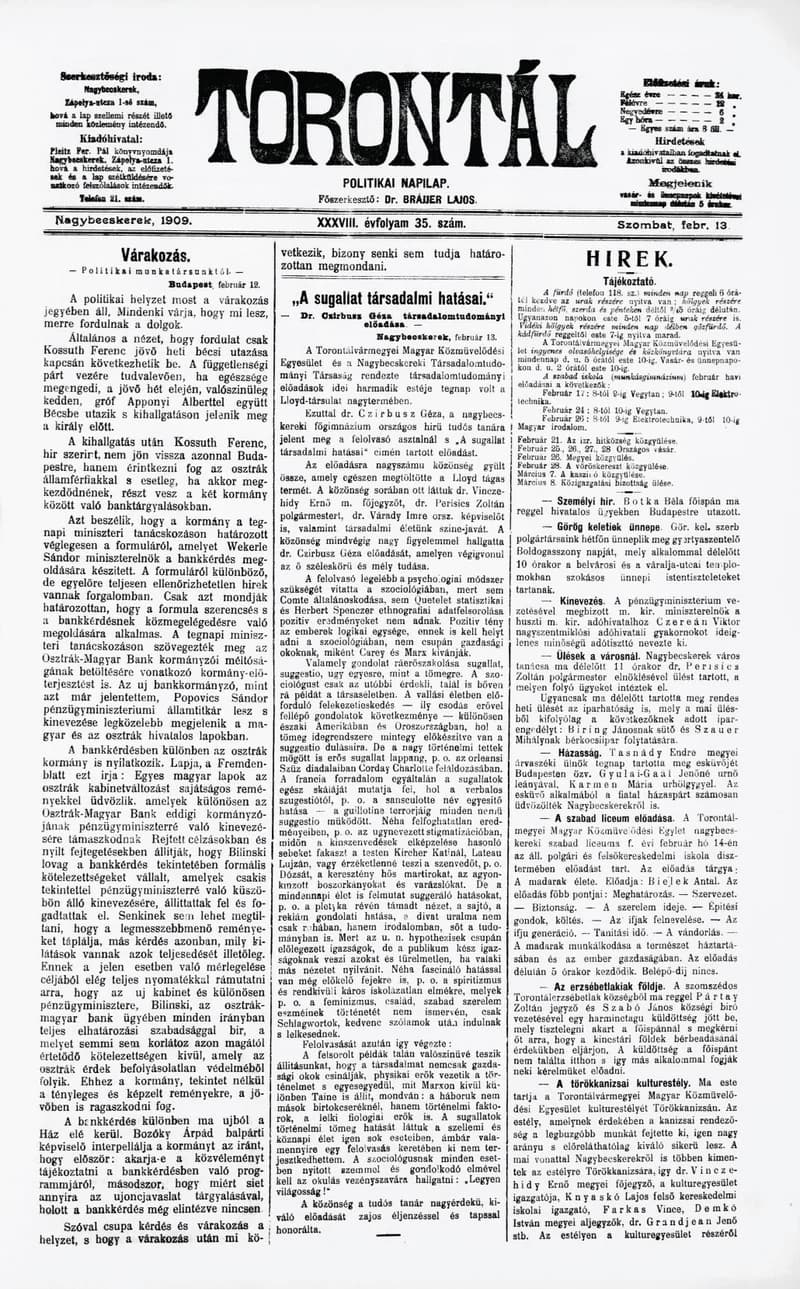 Torontál, 38. évf. 1909. február 13. 35. sz.