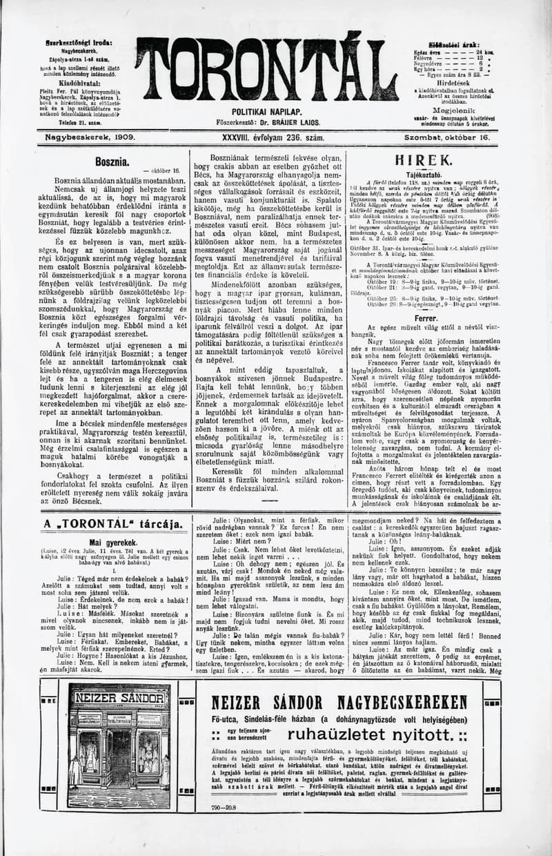 Torontál, 38. évf. 1909. október 16. 236. sz.