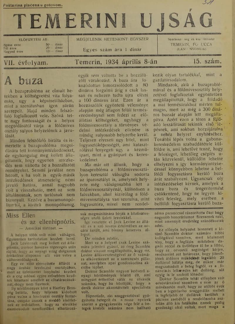 Temerini Újság 1928-1944, 7. évf. 1934. április 8. 15. sz.