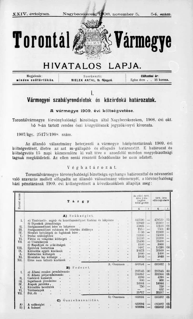 Torontál Vármegye Hivatalos Lapja, 24. évf. 1908. november 5. 54. sz.