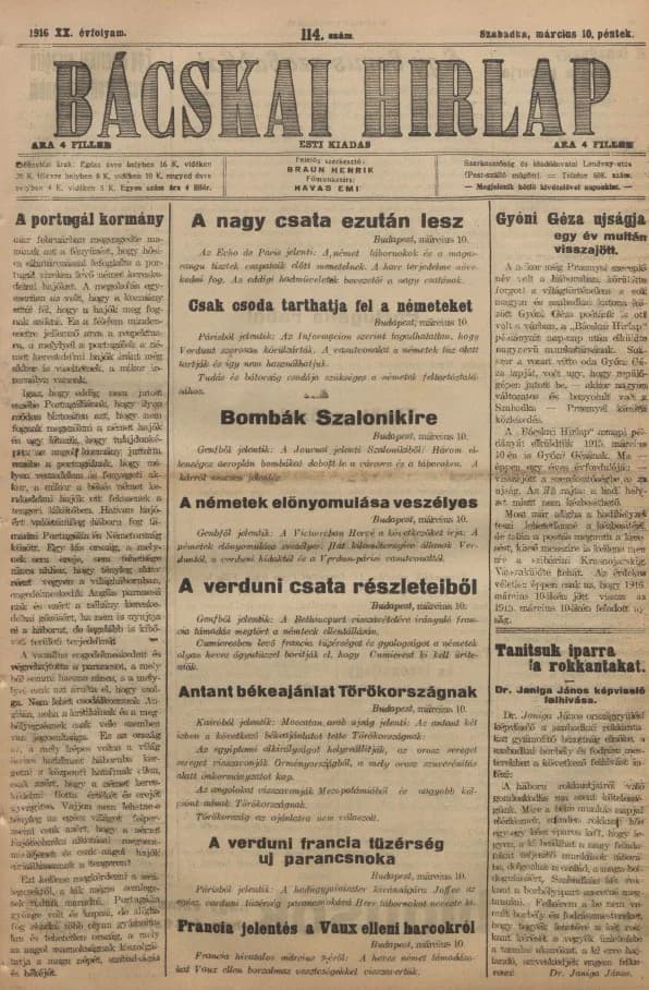 Bácskai Hirlap, 20. évf. 1916. március 10. 114. sz.
