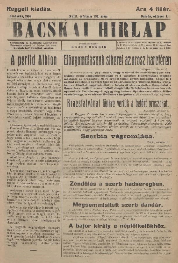 Bácskai Hirlap, 18. évf. 1914. október 7. 232. sz.