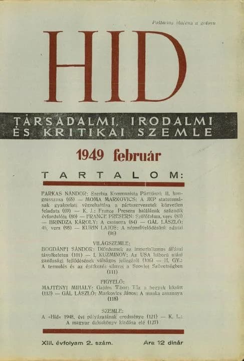 Híd, 13. évf. 1949. február. 2. sz. 65–128. oldal