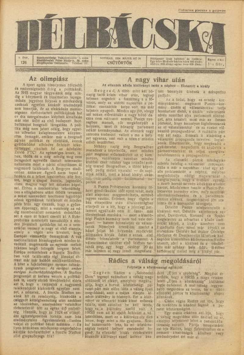 Délbácska, 5. évf. 1924. május 29. 126. sz.