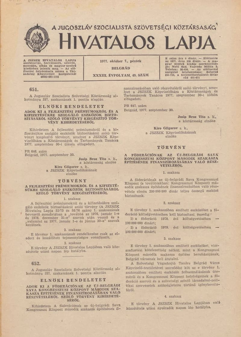 A Jugoszláv Szocialista Szövetségi Köztársaság Hivatalos Lapja, 33. évf. 1977. október 7. 49. sz. 1821–1836. oldal