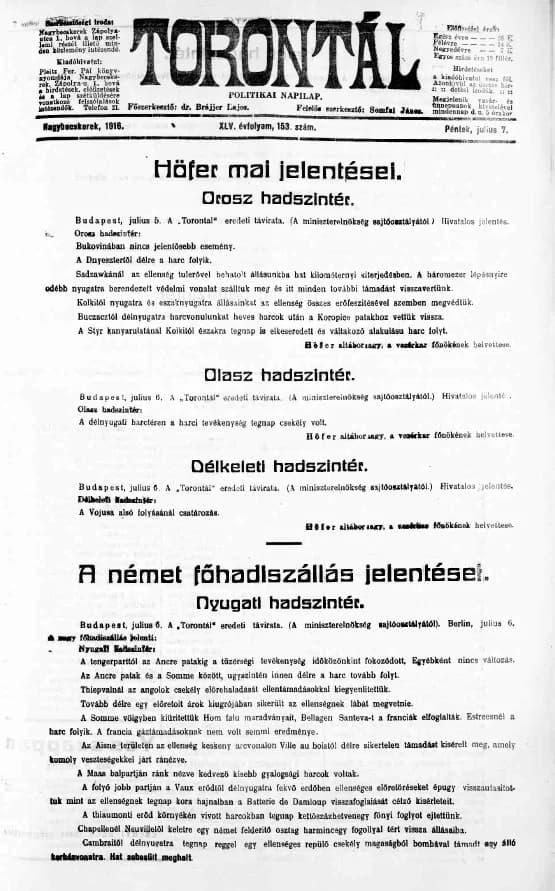 Torontál, 45. évf. 1916. július 7. 153. sz.