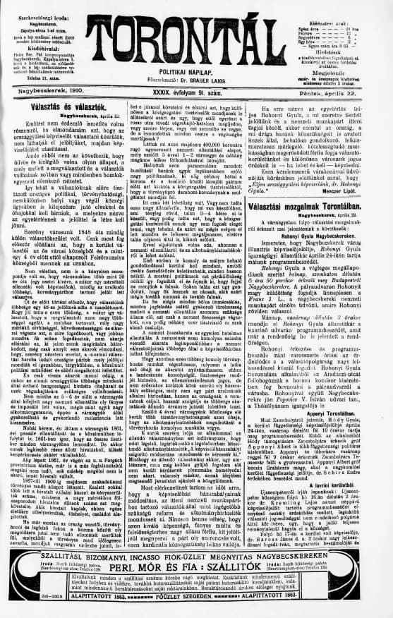 Torontál, 39. évf. 1910. április 22. 91. sz.