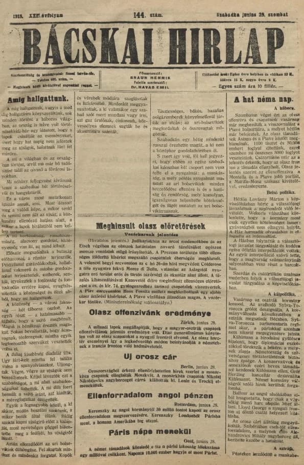 Bácskai Hirlap, 22. évf. 1918. június 29. 144. sz.