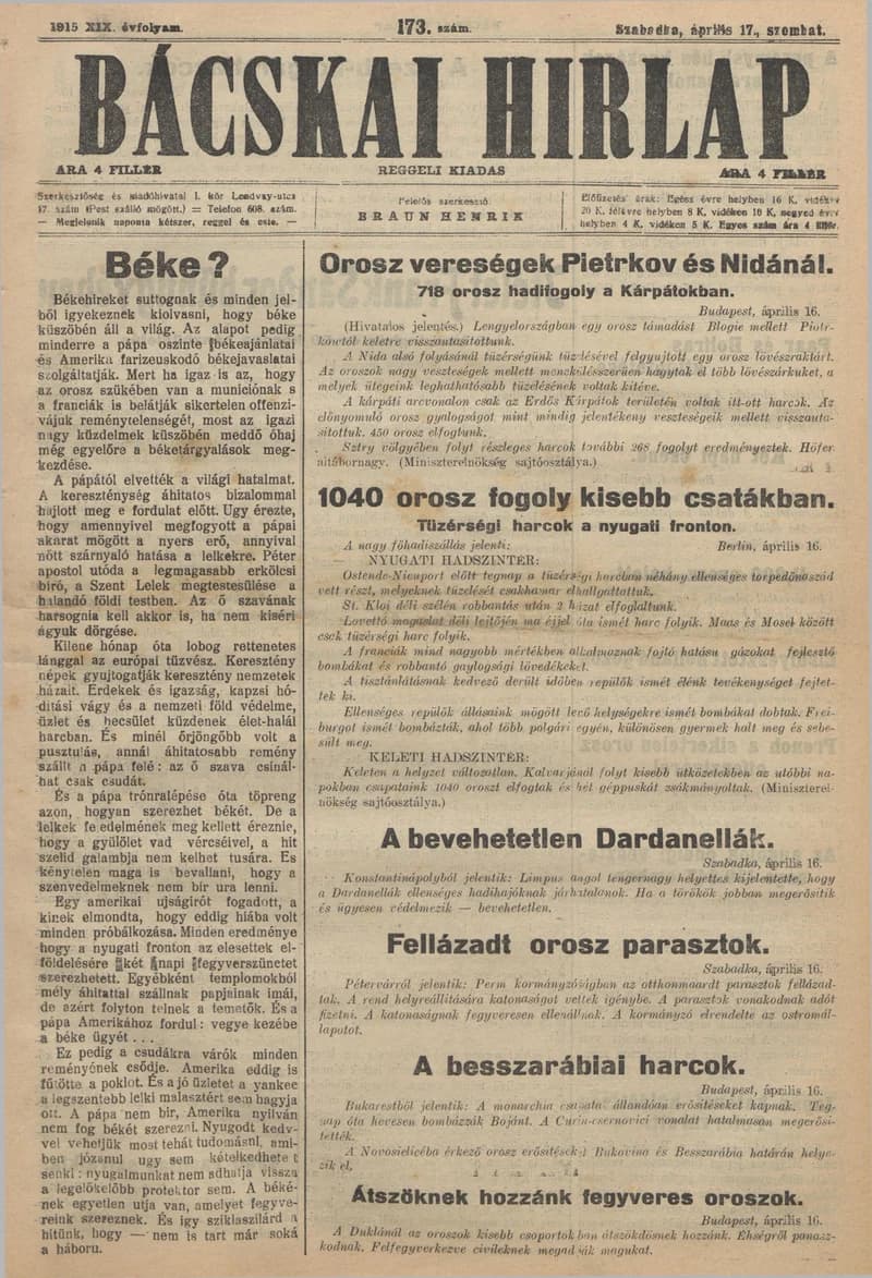 Bácskai Hirlap, 19. évf. 1915. április 17. 173. sz.