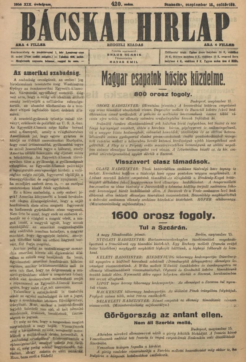 Bácskai Hirlap, 19. évf. 1915. szeptember 16. 420. sz.