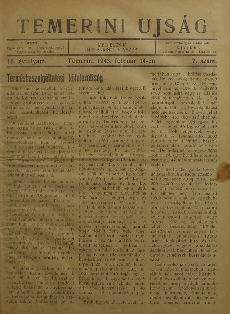 Temerini Újság 1928-1944, 15. évf. 1943. február 14. 7. sz.