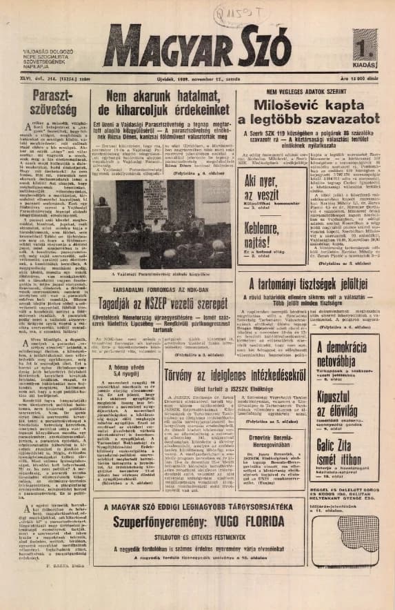 Magyar Szó, 46. évf. 1989. november 15. 314. sz. 1–16. oldal