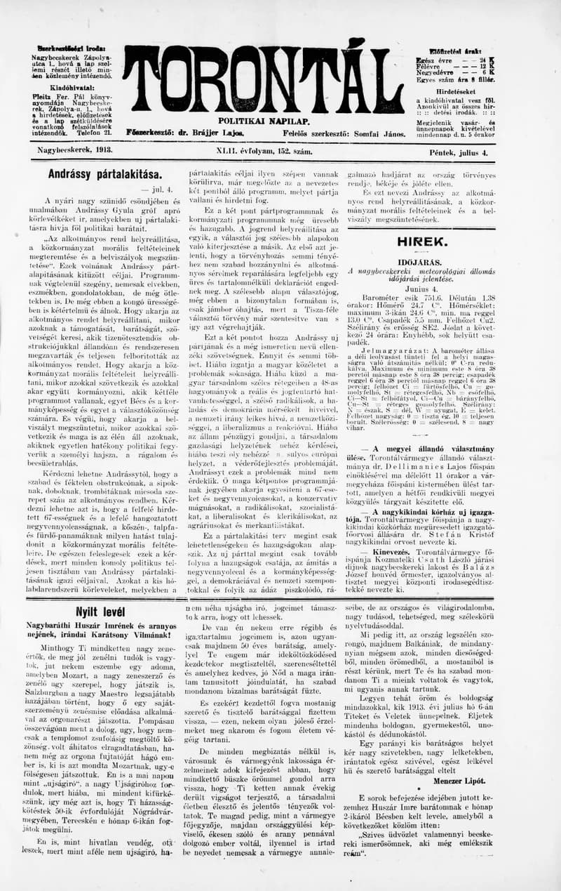 Torontál, 42. évf. 1913. július 4. 152. sz.