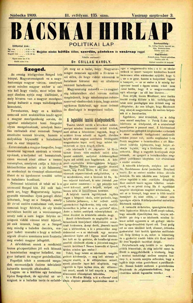 Bácskai Hirlap, 3. évf. 1899. szeptember 3. 135. sz.