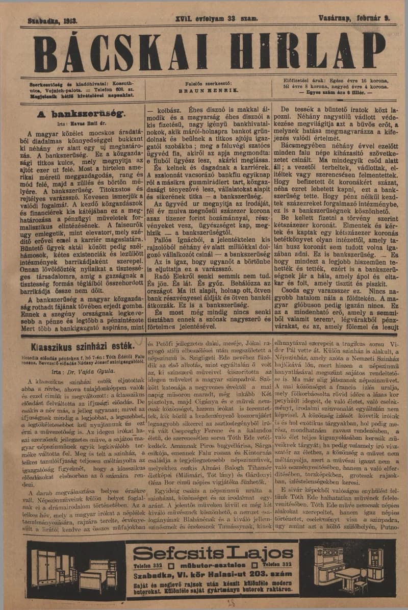Bácskai Hirlap, 17. évf. 1913. február 9. 33. sz.
