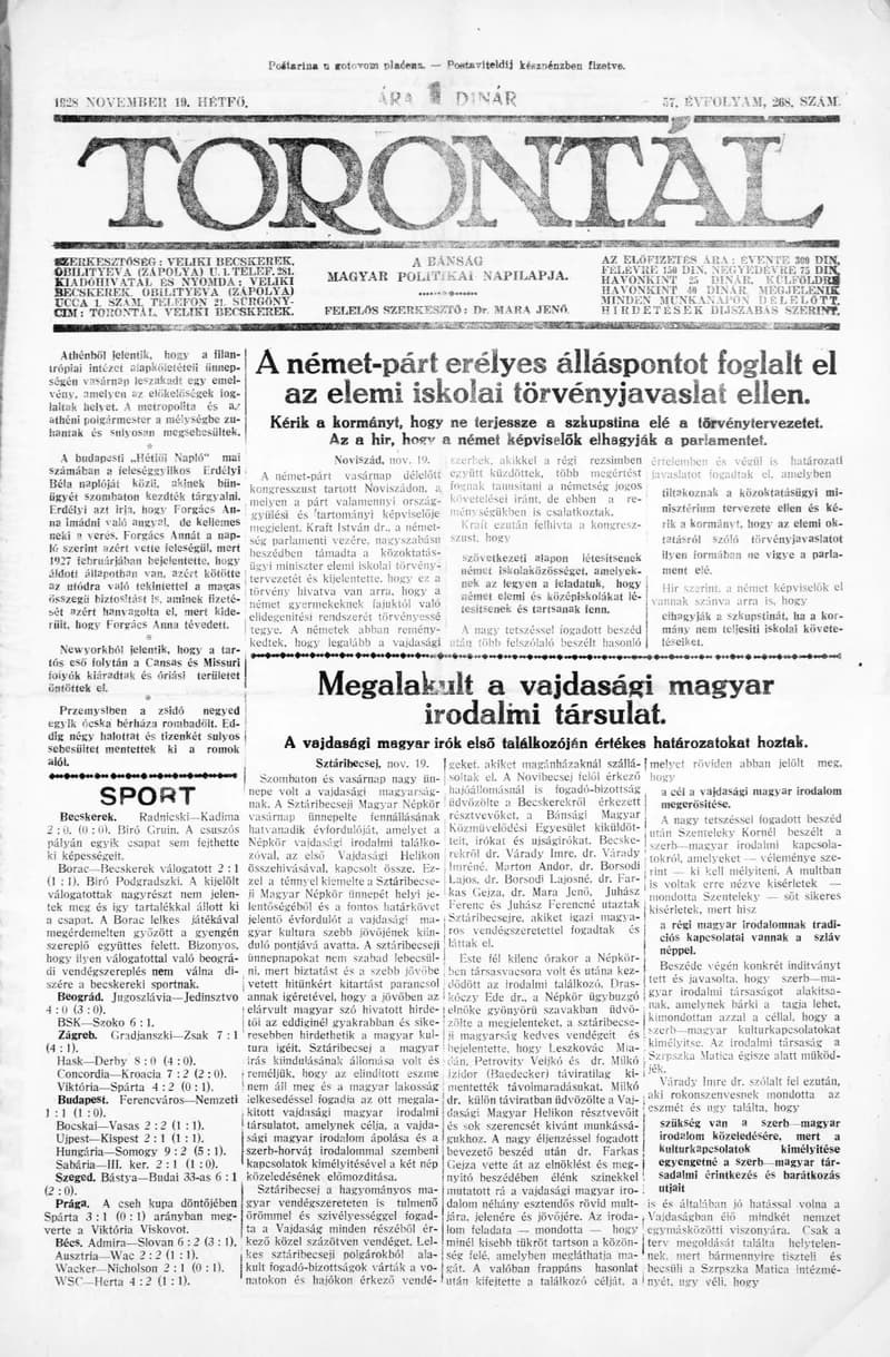 Torontál, 57. évf. 1928. november 19. 268. sz.