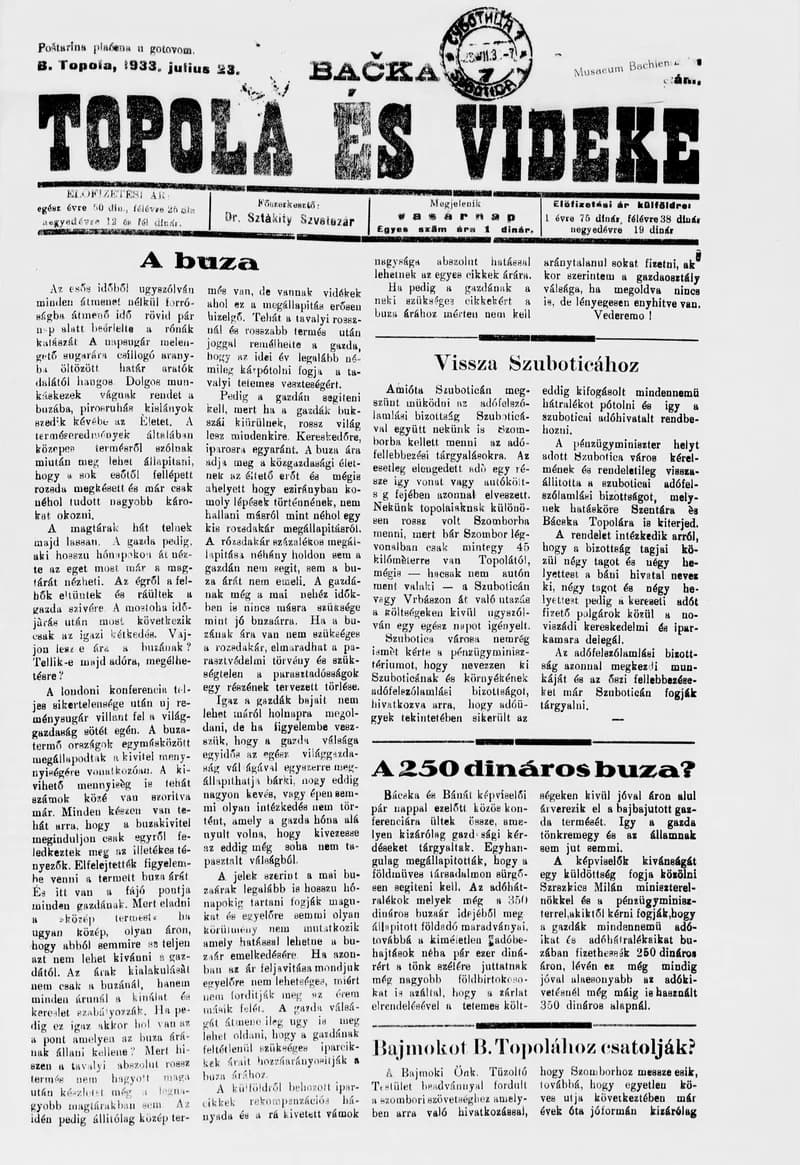 Bačka Topola és Vidéke, 10. évf. 1933. július 23. 30. sz.