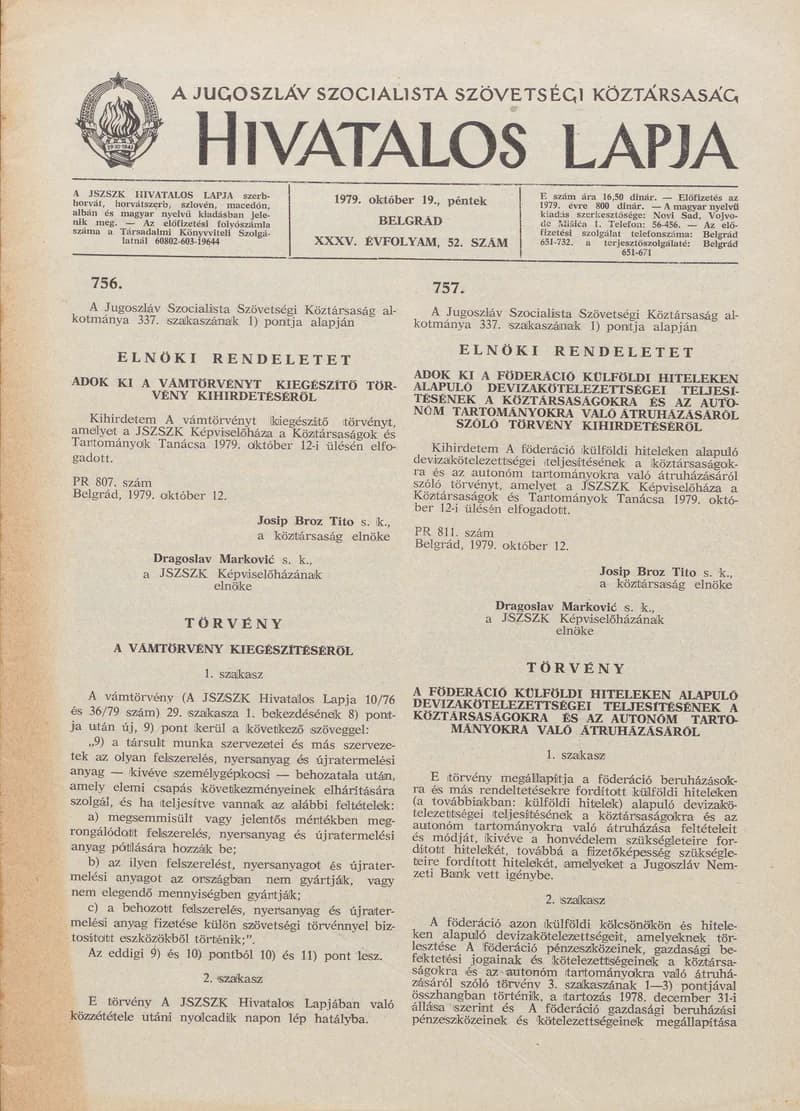 A Jugoszláv Szocialista Szövetségi Köztársaság Hivatalos Lapja, 35. évf. 1979. október 19. 52. sz. 1577–1620. oldal