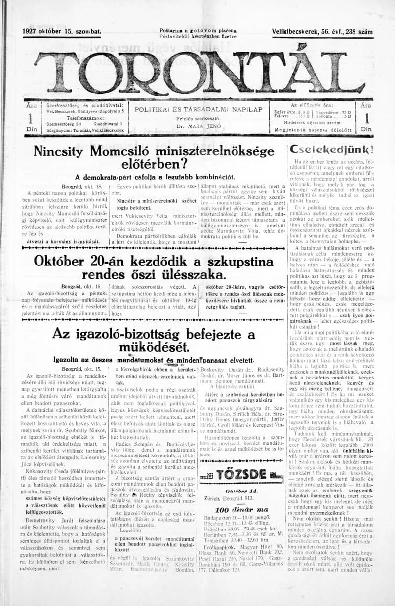 Torontál, 56. évf. 1927. október 15. 238. sz.