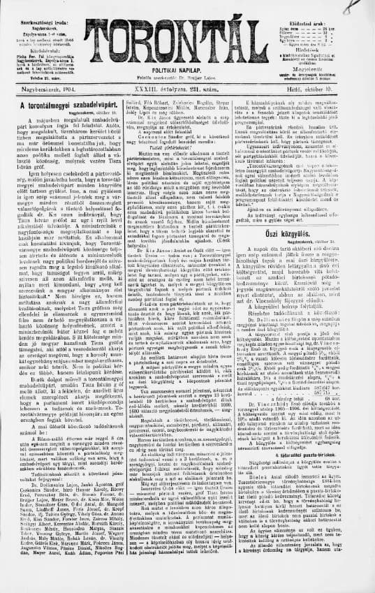 Torontál, 33. évf. 1904. október 10. 231. sz.
