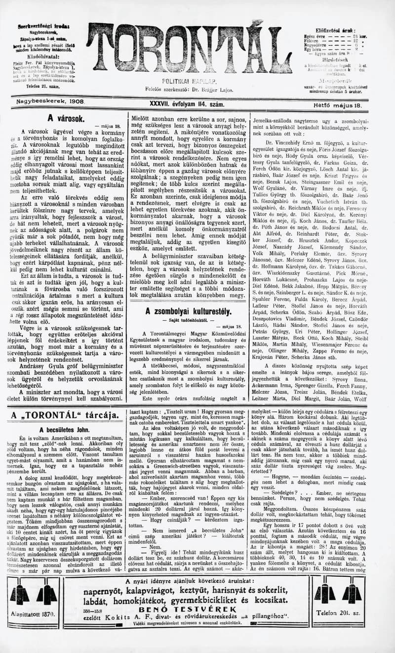 Torontál, 37. évf. 1908. május 18. 114. sz.