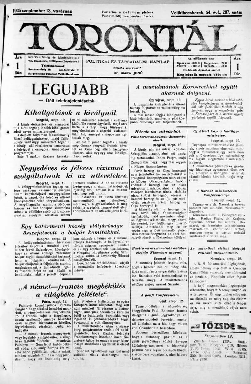 Torontál, 54. évf. 1925. szeptember 13. 207. sz.