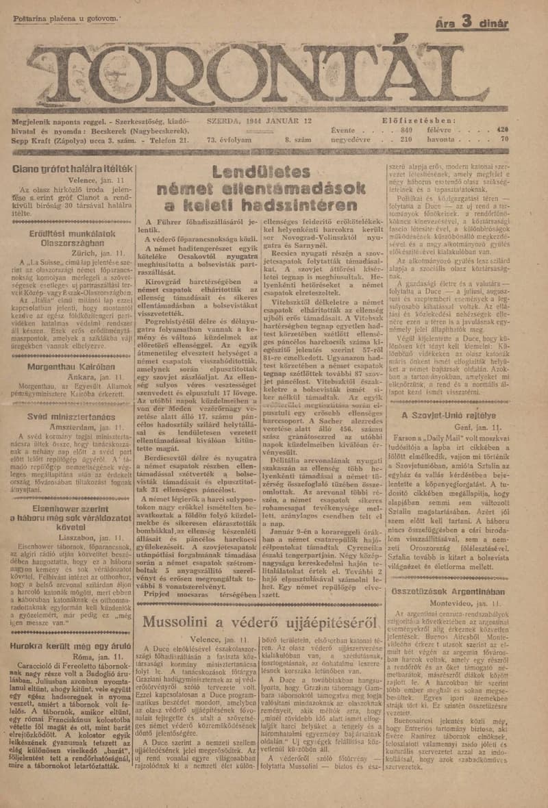 Torontál, 73. évf. 1944. január 12. 8. sz.
