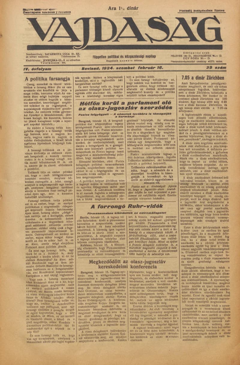 Vajdaság, 4. évf. 1924. február 16. 39. sz.