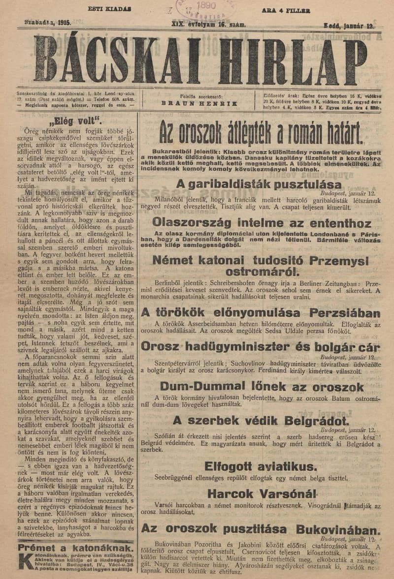 Bácskai Hirlap, 19. évf. 1915. január 12. 16. sz.