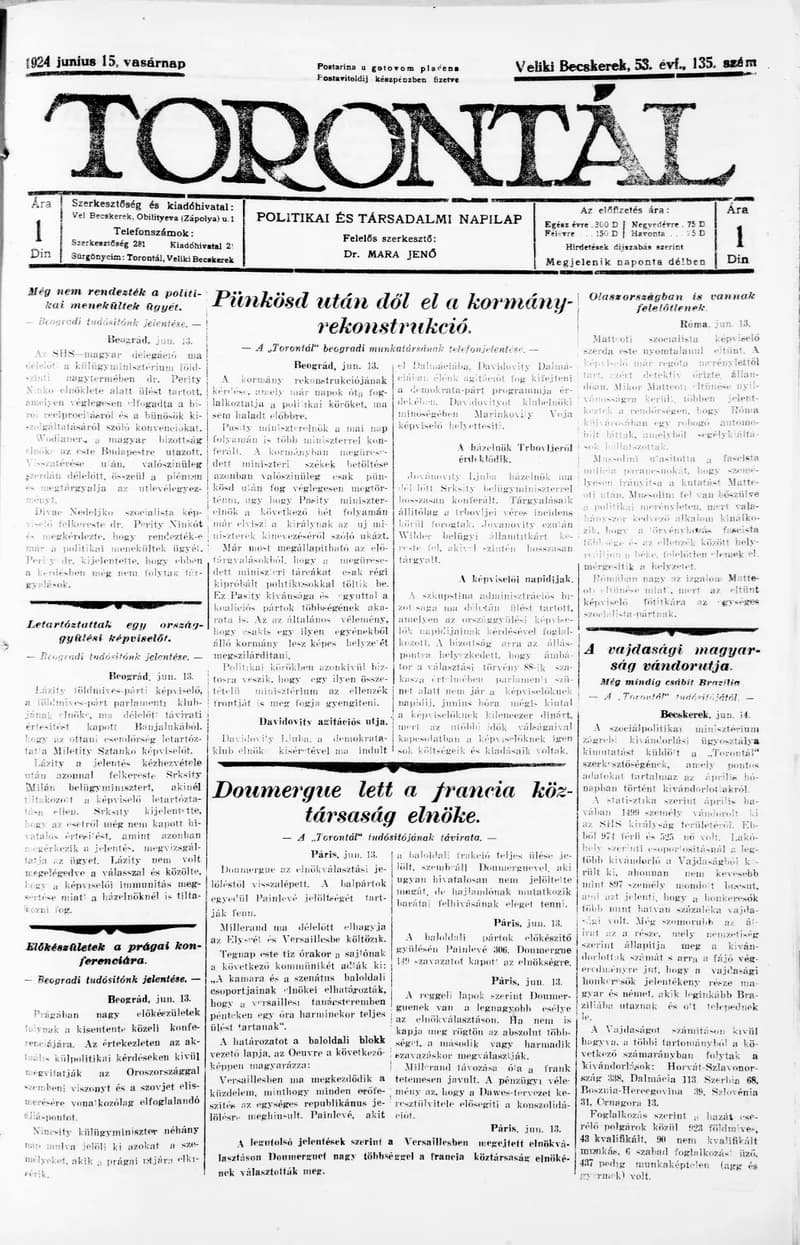Torontál, 53. évf. 1924. június 15. 135. sz.
