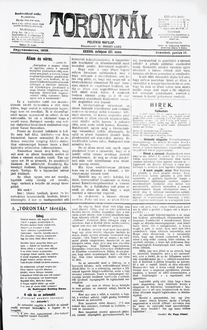 Torontál, 38. évf. 1909. június 19. 137. sz.