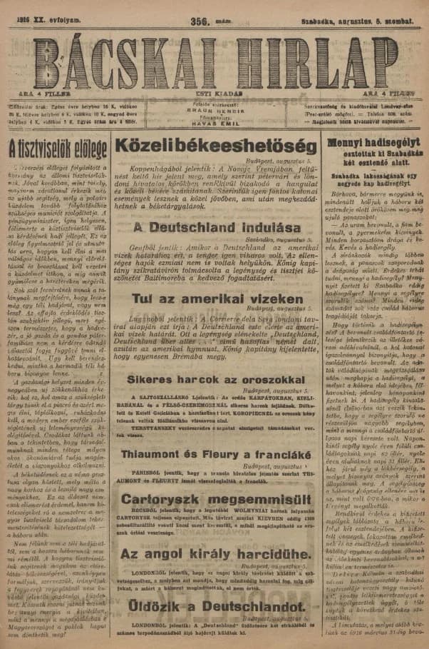 Bácskai Hirlap, 20. évf. 1916. augusztus 5. 356. sz.